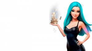 Изображение женского персонажа, держащего стопку монет, рекламирующего приветственный бонус в казино Гизбо в игривом и привлекательном стиле.